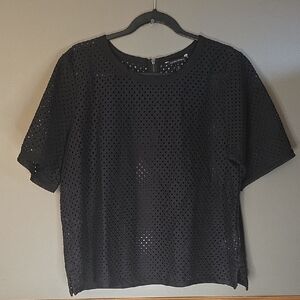 Banana Republic Mesh Black Short Sleeve Eyelet Top